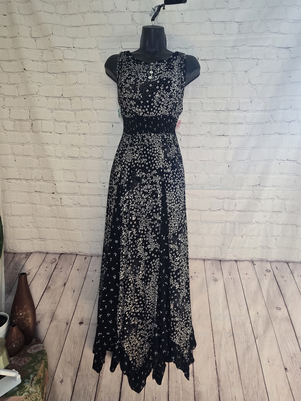 Bila Floral Asymmetric Gauzy Maxi Dress Smocked Waist Beach Boho CottageCore Sm